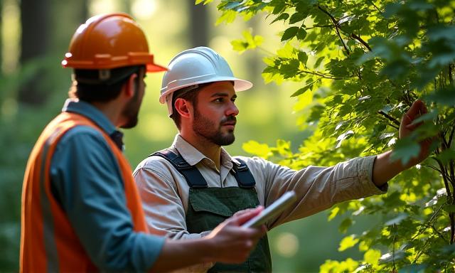 Forestry expert inspecting tree health in a lush, managed forest.